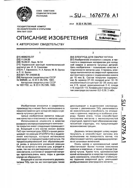 Электрод для сварки чугуна (патент 1676776)