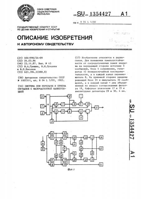 Система для передачи и приема сигналов с фазочастотной манипуляцией (патент 1354427)