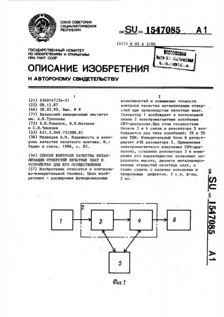 Способ контроля качества металлизации отверстий печатных плат и устройство для его осуществления (патент 1547085)