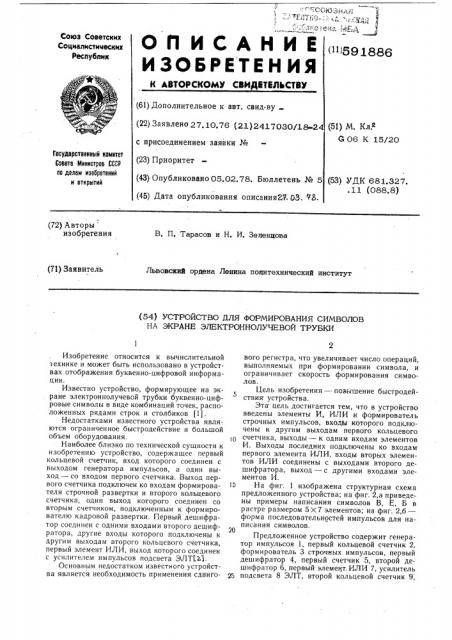 Устройство для формирования символов на экране электронно- лучевой трубки (патент 591886)