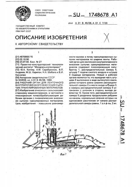 Рабочий орган для ленточного внутрипочвенного внесения сыпучих гранулированных материалов (патент 1748678)