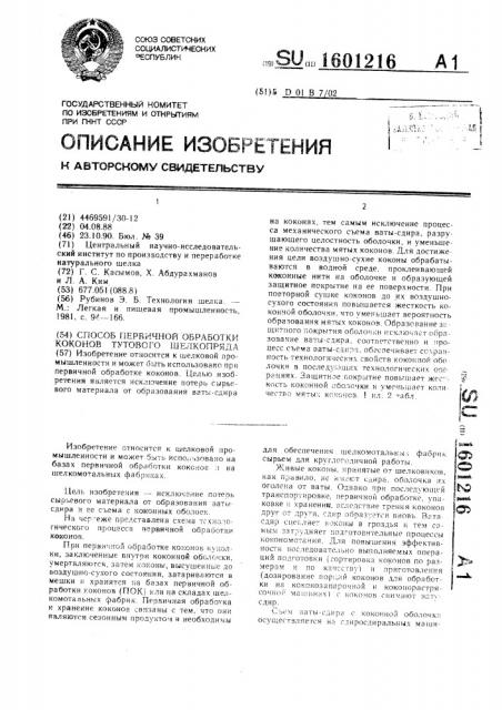 Способ первичной обработки коконов тутового шелкопряда (патент 1601216)