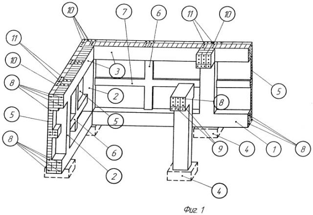 Армокаменный цоколь небольшого легкого здания с подвалом (патент 2460855)