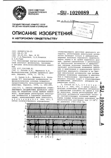 Способ определения стимулирующего воздействия доильного аппарата на рецепторы соска вымени животного (патент 1020089)