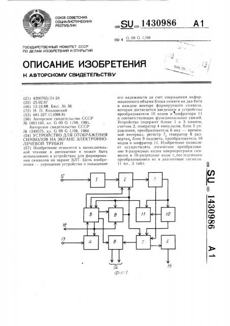 Устройство для отображения символов на экране электронно- лучевой трубки (патент 1430986)