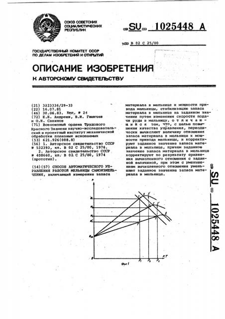 Способ автоматического управления работой мельницы самоизмельчения (патент 1025448)