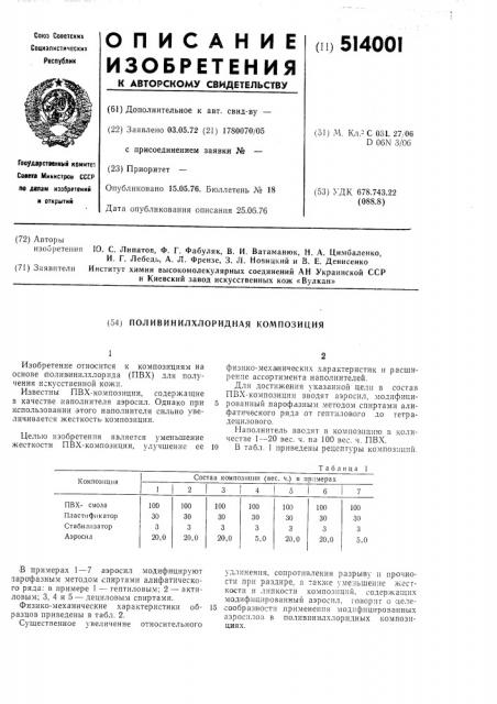 Поливинилхлоридная композиция (патент 514001)
