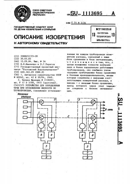 Устройство для определения течи при прохождении жидкости по трубопроводам (патент 1113695)