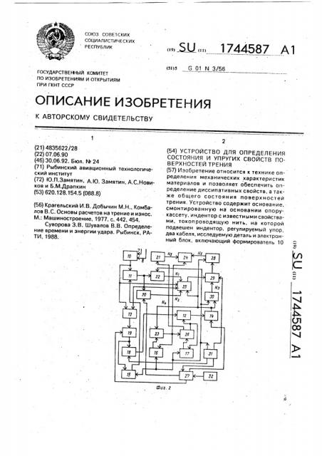 Устройство для определения состояния и упругих свойств поверхностей трения (патент 1744587)