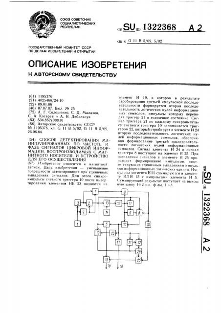 Способ детектирования манипулированных по частоте и фазе сигналов цифровой информации,воспроизводимых с магнитного носителя,и устройство для его осуществления (патент 1322368)