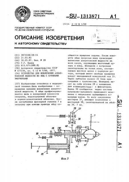 Устройство для извлечения аллантоисной жидкости из яиц с куриными эмбрионами (патент 1313871)