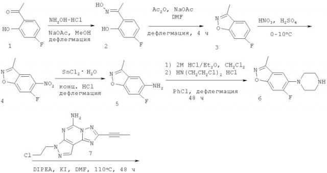 7-[2-[4-(6-фтор-3-метил-1,2-бензизоксазол-5-ил)-1-пиперазинил]этил]-2-(пропинил)-7h-пиразоло-[4,3-e]-[1,2,4]-триазоло-[1,5-c]пиримидин-5-амин (патент 2417997)