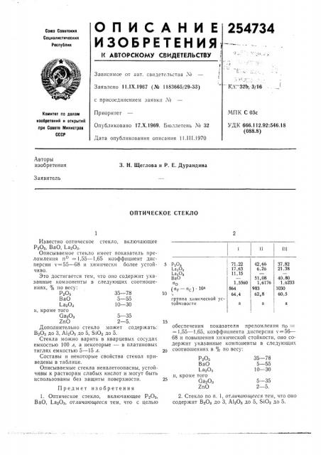 Оптическое стекло (патент 254734)