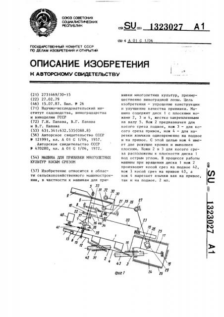 Машина для прививки многолетних культур косым срезом (патент 1323027)