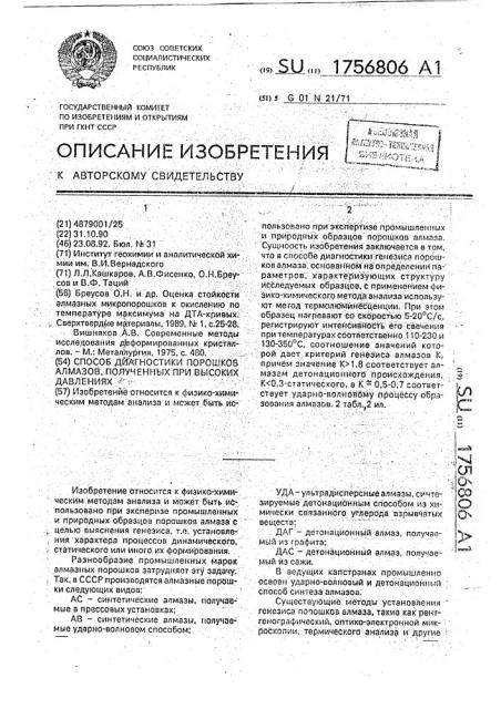 Способ диагностики порошков алмазов, полученных при высоких давлениях (патент 1756806)