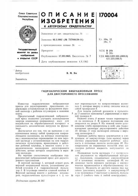 Гидравлический вибрационный пресс для двустороннего прессования (патент 170004)