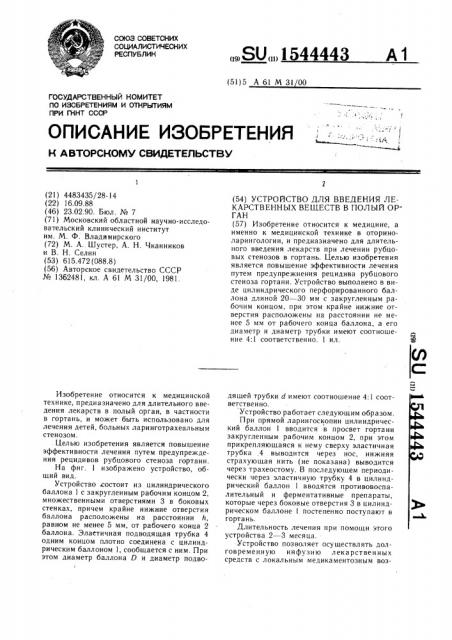 Устройство для введения лекарственных веществ в полый орган (патент 1544443)