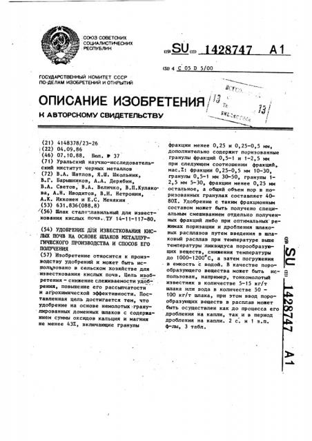 Удобрение для известкования кислых почв на основе шлаков металлургического производства и способ его получения (патент 1428747)