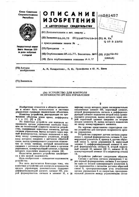 Устройство для контроля исправности органоуправления (патент 581457)