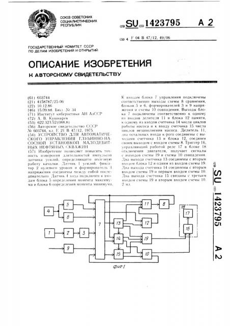 Устройство для автоматического управления глубинно-насосной установкой малодебитных нефтяных скважин (патент 1423795)