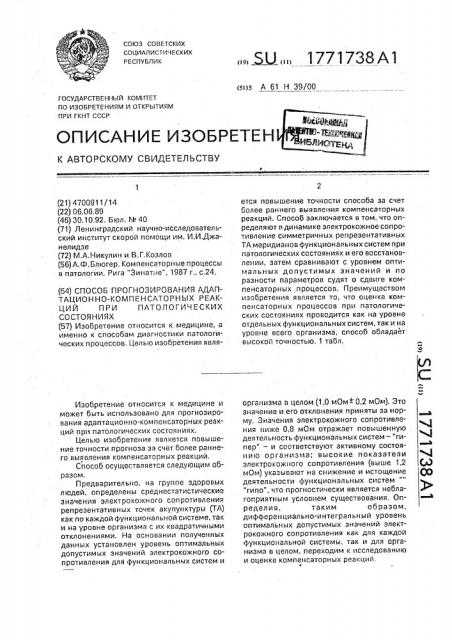 Способ прогнозирования адаптационно-компенсаторных реакций при патологических состояниях (патент 1771738)