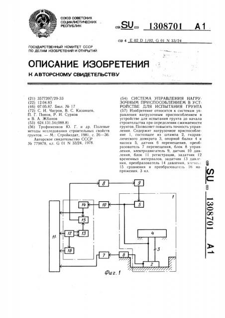 Система управления нагрузочным приспособлением в устройстве для испытания грунта (патент 1308701)