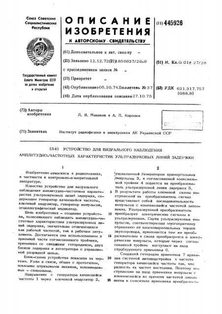 Устройство для визуального наблюдения амплитудно-частотных характеристик ультразвуковых линий задержки (патент 445926)