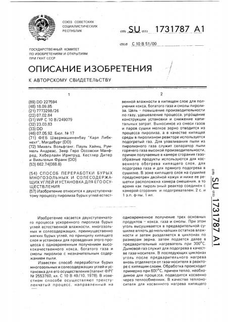 Способ переработки бурых многозольных и солесодержащих углей и установка для его осуществления (патент 1731787)