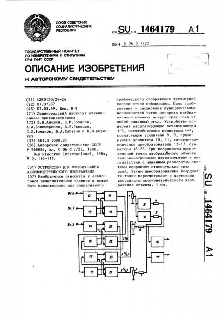 Устройство для формирования аксонометрического изображения (патент 1464179)