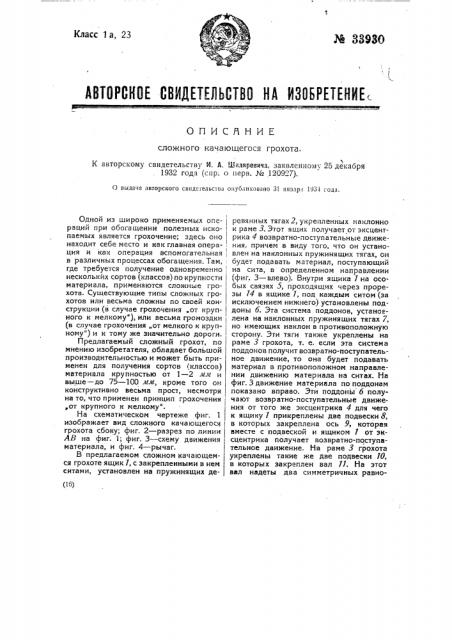 Сложный качающийся грохот (патент 33930)