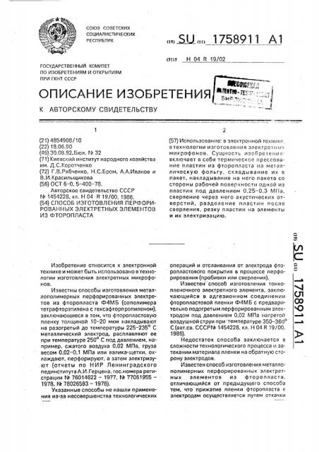 Способ изготовления перфорированных электретных элементов из фторопласта (патент 1758911)