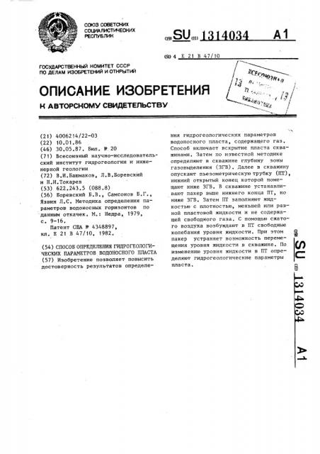 Способ определения гидрогеологических параметров водоносного пласта (патент 1314034)