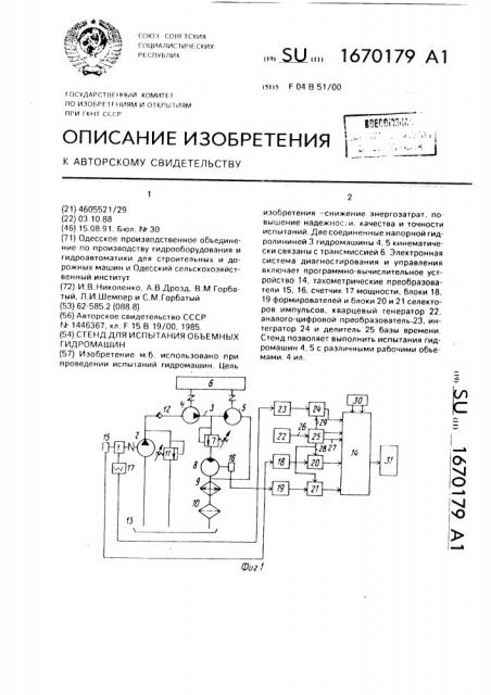 Стенд для испытания объемных гидромашин (патент 1670179)