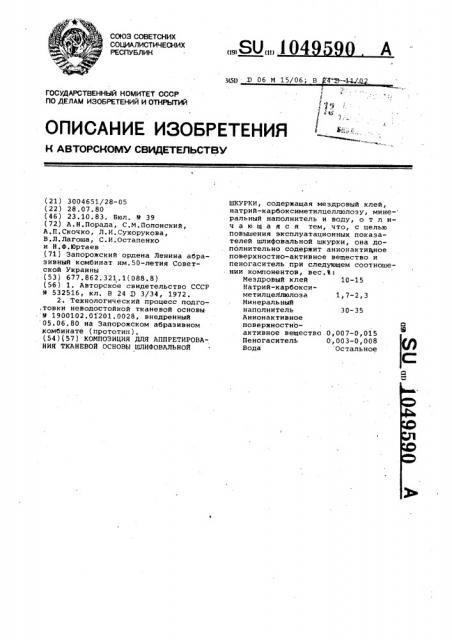 Композиция для аппретирования тканевой основы шлифовальной шкурки (патент 1049590)