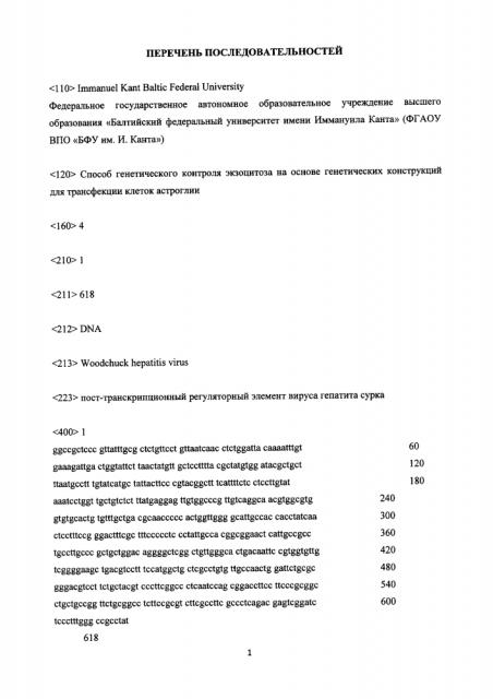 Способ генетического контроля экзоцитоза на основе генетических конструкций для трансфекции клеток астроглии (патент 2633691)