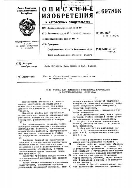 Ячейка для измерения потенциала протекания в полупроницаемых мембранах (патент 697898)