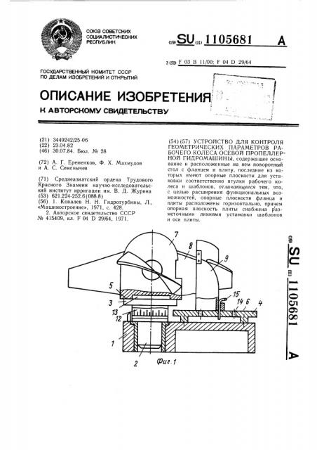 Устройство для контроля геометрических параметров рабочего колеса осевой пропеллерной гидромашины (патент 1105681)