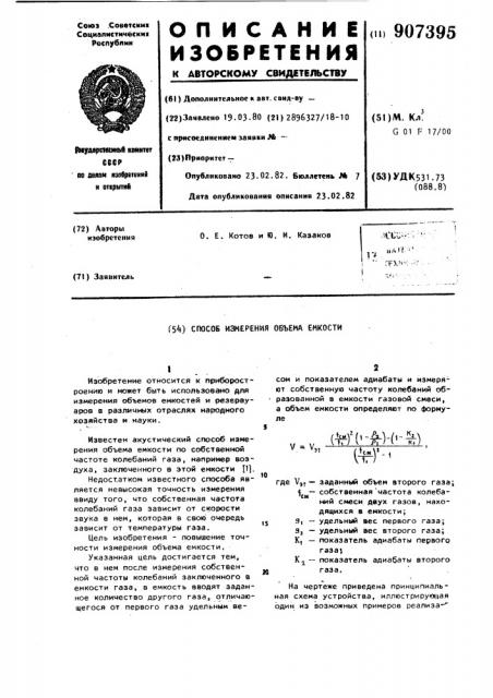 Способ измерения объема емкости (патент 907395)