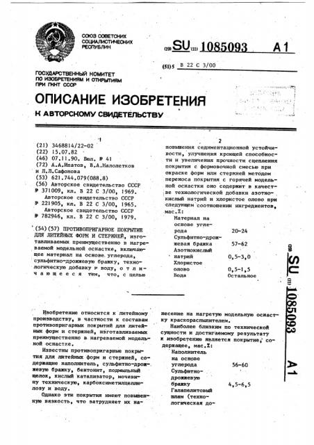 Противопригарное покрытие для литейных форм и стержней (патент 1085093)