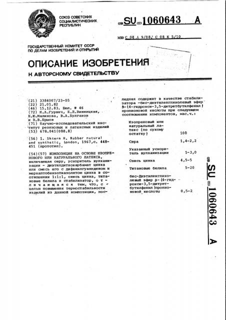 Композиция на основе изопренового или натурального латекса (патент 1060643)