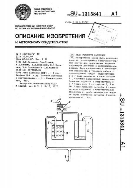 Реле разности давлений (патент 1315841)