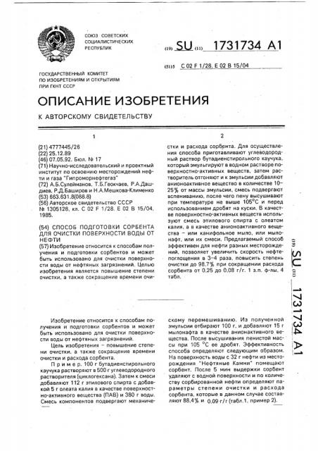 Способ подготовки сорбента для очистки поверхности воды от нефти (патент 1731734)