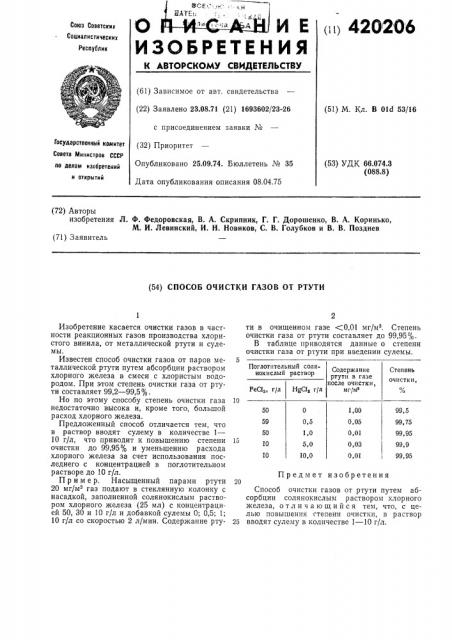 Способ очистки газов от ртути (патент 420206)