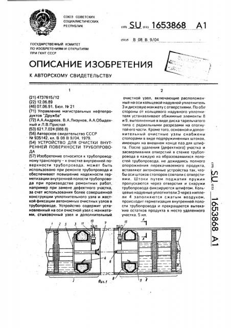 Устройство для очистки внутренней поверхности трубопровода (патент 1653868)