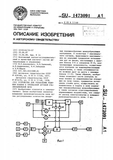 Устройство для управления режимом плавки в трехфазной дуговой сталеплавильной печи (патент 1473091)