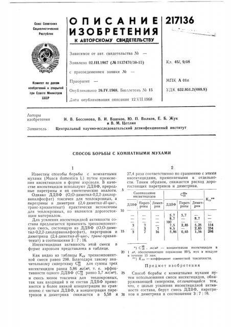 Способ борьбы с комнатными мухами (патент 217136)