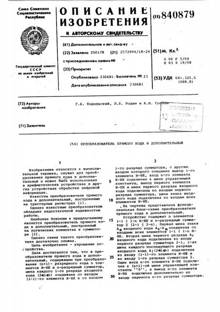 Преобразователь прямого кода в дополни-тельный (патент 840879)