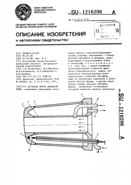 Дутьевая фурма доменной печи (патент 1216206)