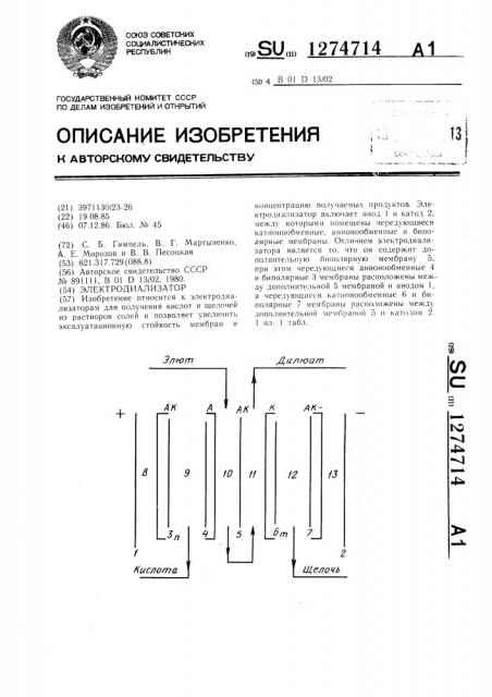 Электродиалиазатор (патент 1274714)