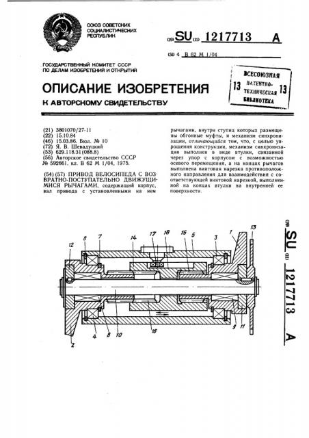 Привод велосипеда с возвратно-поступательно движущимися рычагами (патент 1217713)